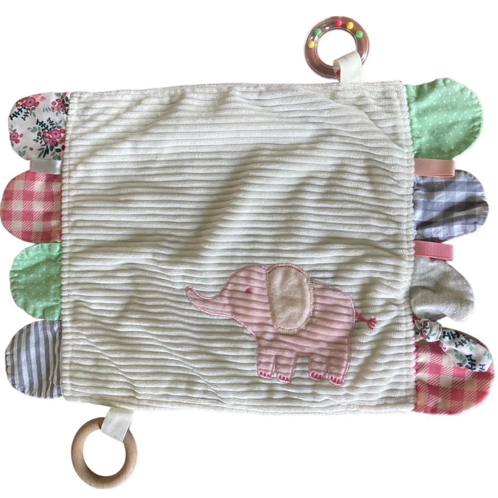 Modern Baby Elephant Multicolor 16" Lovey Blanket Teether Rattle Toy Ribbed